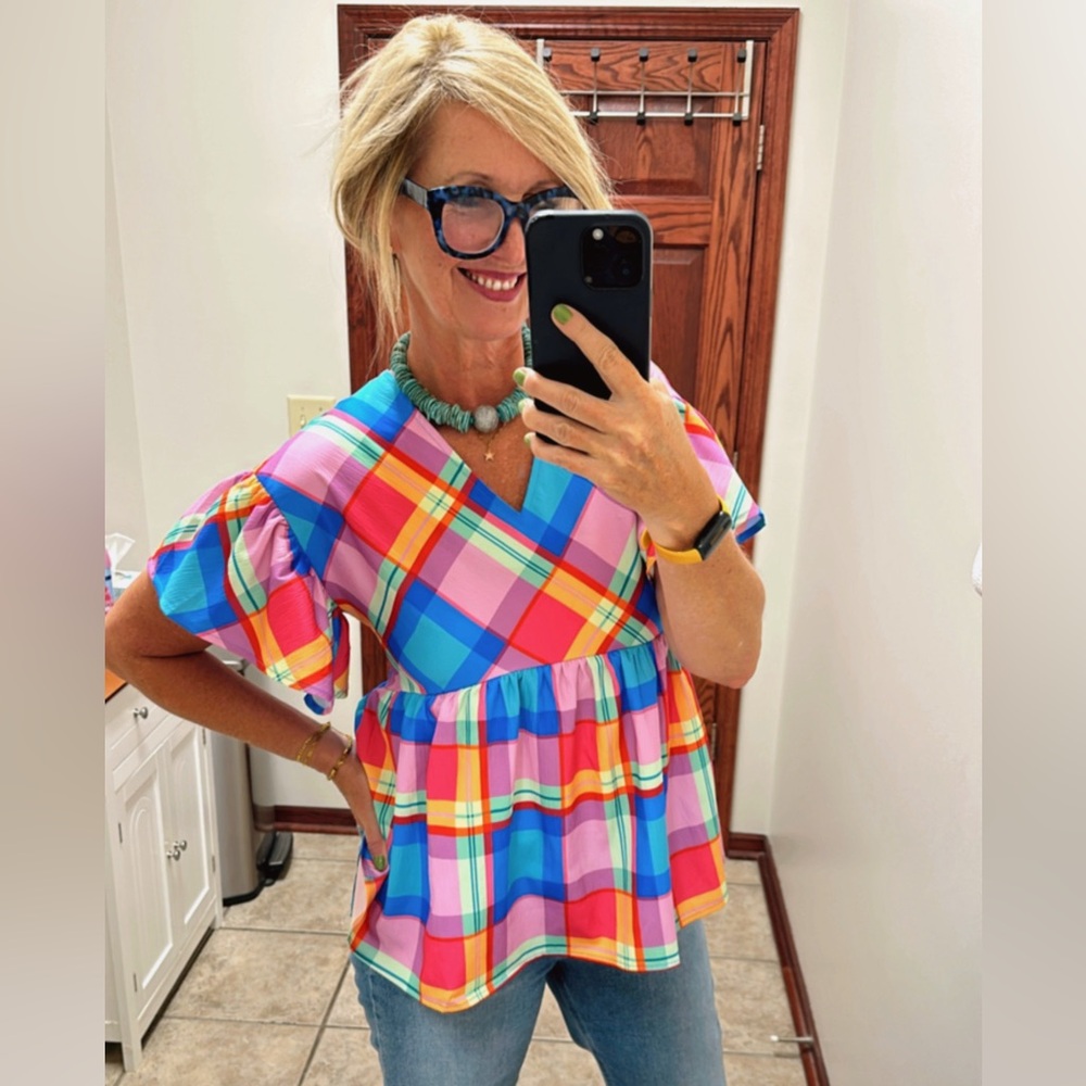 Blue and Pink Round Cut Blouse with Ruffled Details